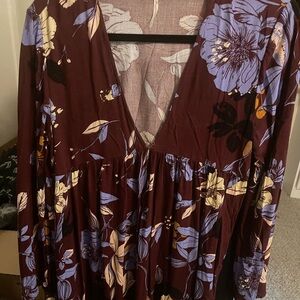 Free People Burgundy and Lavender Floral Long Sleeve Oversized Top